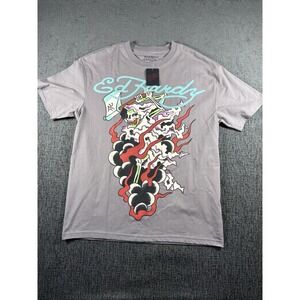 Ed Hardy Shirt Mens Medium Gray Skull Flames Graphic Logo Short Sleeve Tee NWT